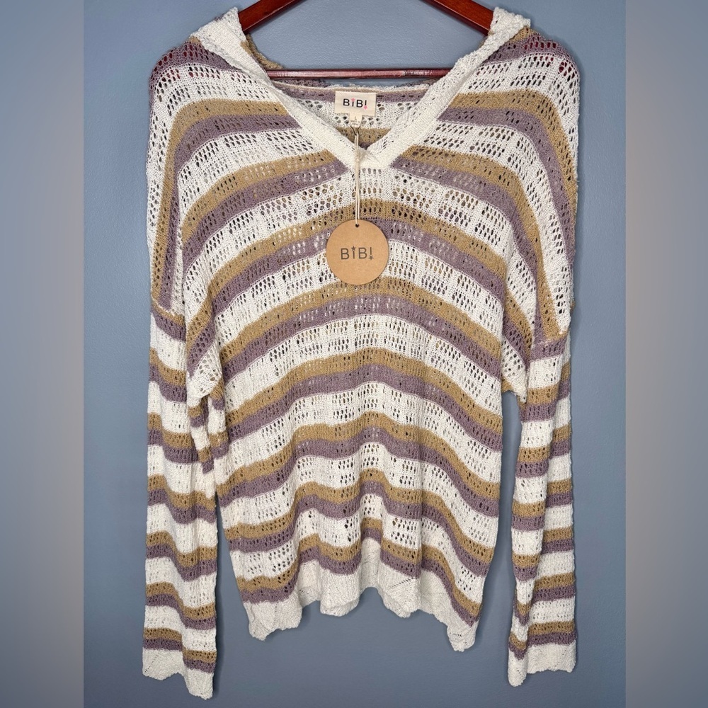 NWT BiBi V-Neck Striped Knit Boho Beach Vacation Top | Size Large - Picture 4 of 10